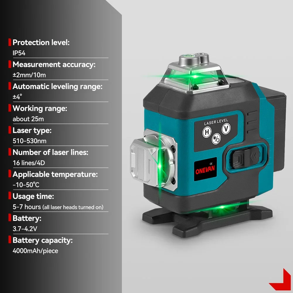 ONEVAN 16 Lines 4D Laser Level Self-Leveling 360 Horizontal And Vertical Cross Super Powerful Green Laser Level With Display laser level