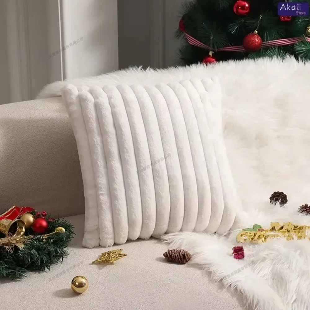 Luxurious Faux Rabbit Fur Plush Cushion Cover - Soft and Fluffy Striped Decorative Pillow