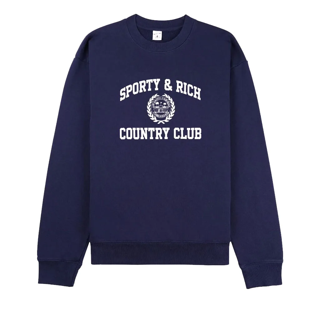 

Sport Country Club Letters Printing Terry Cotton Navy Crewneck Sweatshirts Autumn Long Sleeve Loose Vintage Style 90s Pullover