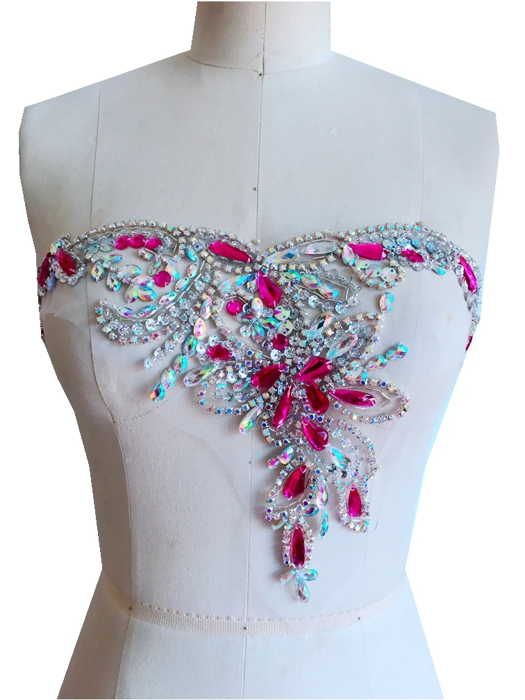 Sew On Rhinestones Applique On Mesh Handmade Rose Red/clear Ab Colour