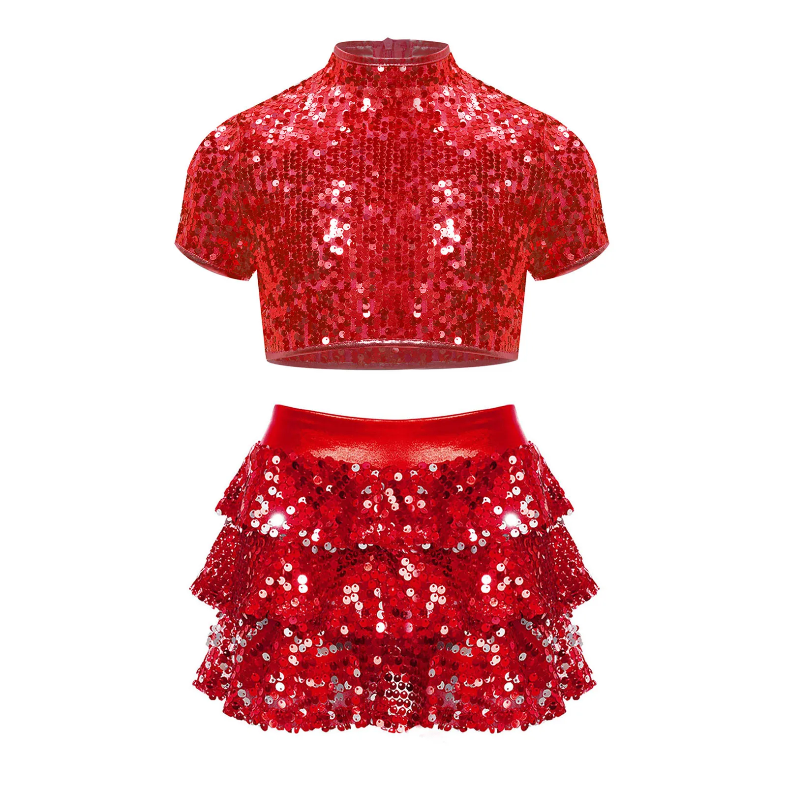 thumbnail image 1 of Traje de actuación de danza de ballet de jazz para niñas y porristas con top corto de lentejuelas y pantalones cortos con falda y volantes escalonados, 1 of 5