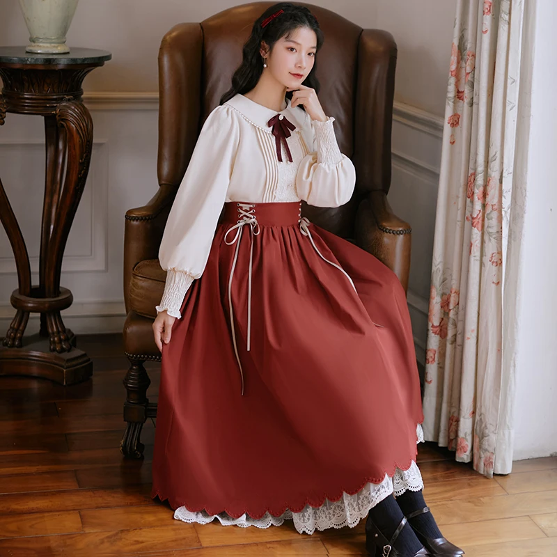Vintage Lolita Style Two Piece Skirt Set Women Spring Autumn