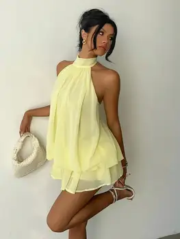 Elegante Abito Mini Estivo da Donna in Chiffon Giallo Burro con Collo Halter e Laccetti