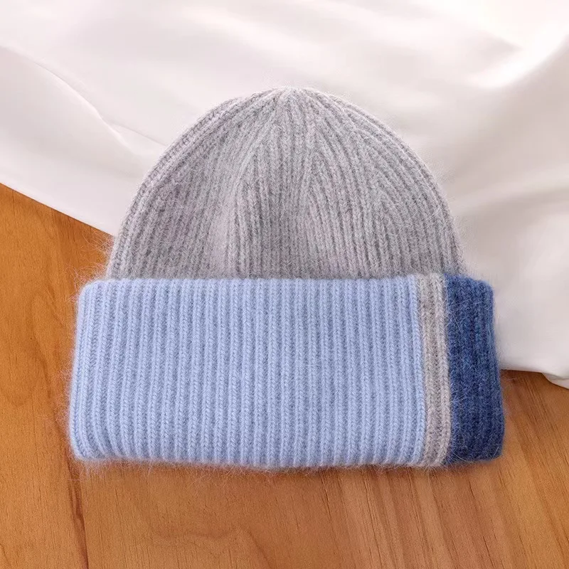 Knitted Beanie Hat For Women Warm Winter Rabbit Fur Patchwork_voghion.com