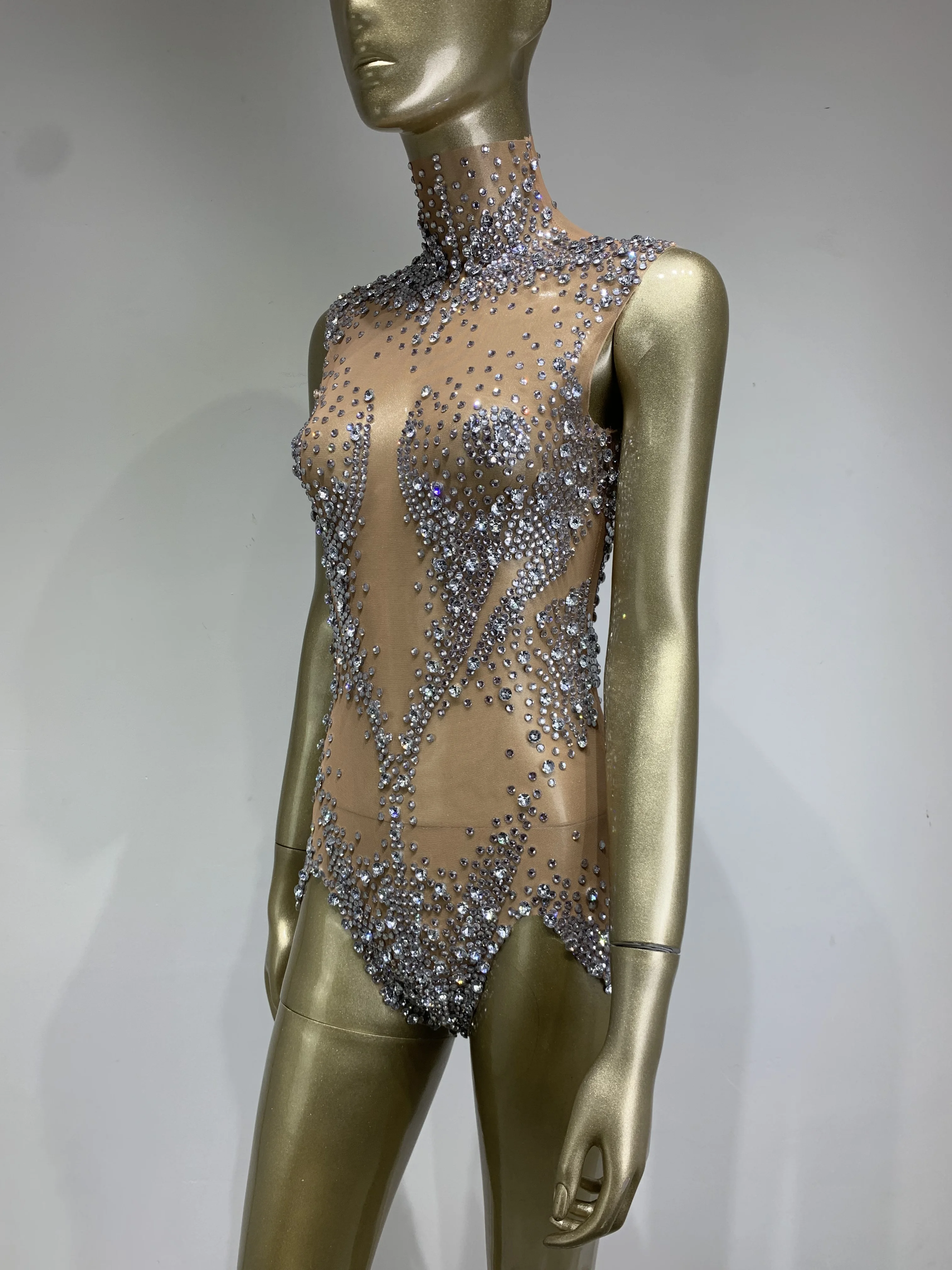 Women Sexy Sparkly Silvery Rhinestones Mesh Stretch Bodysuit Performance Dance Costume Nightclub Party Singer Dancer Stage Wear