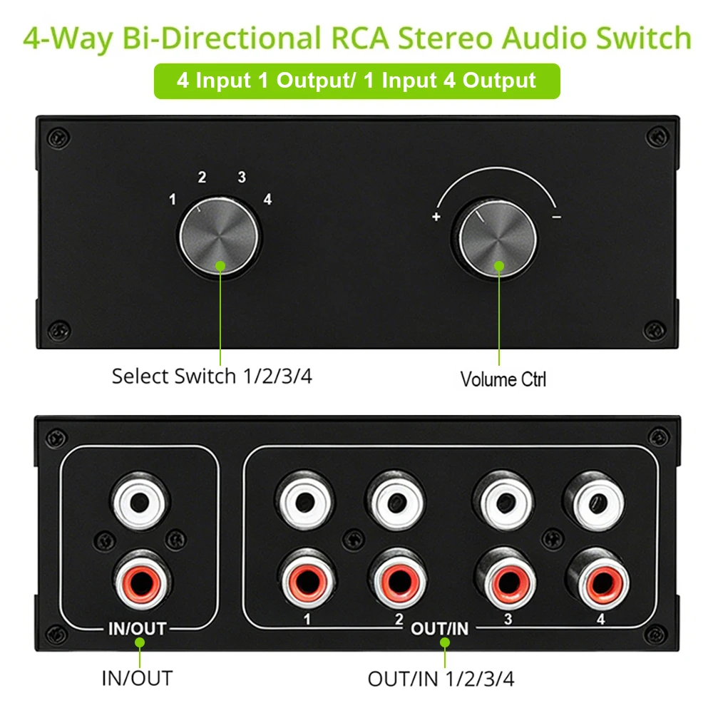 4-Wege-RCA-L-R-Bidirektionaler Stereo-Audio-Umschalter, passiver L-R-Stereo-Schalter, Wahlschalterbox für DVD, Stereo-Lautsprecher, CD-Player