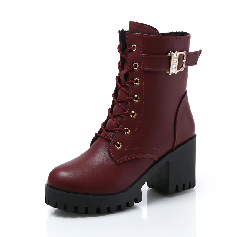 Women Boots Lace Up Flat Biker Combat Wine Red Boots Shoes Buckle Woman Botas Women HOT Boots  Winter  Ankle  High Heels 