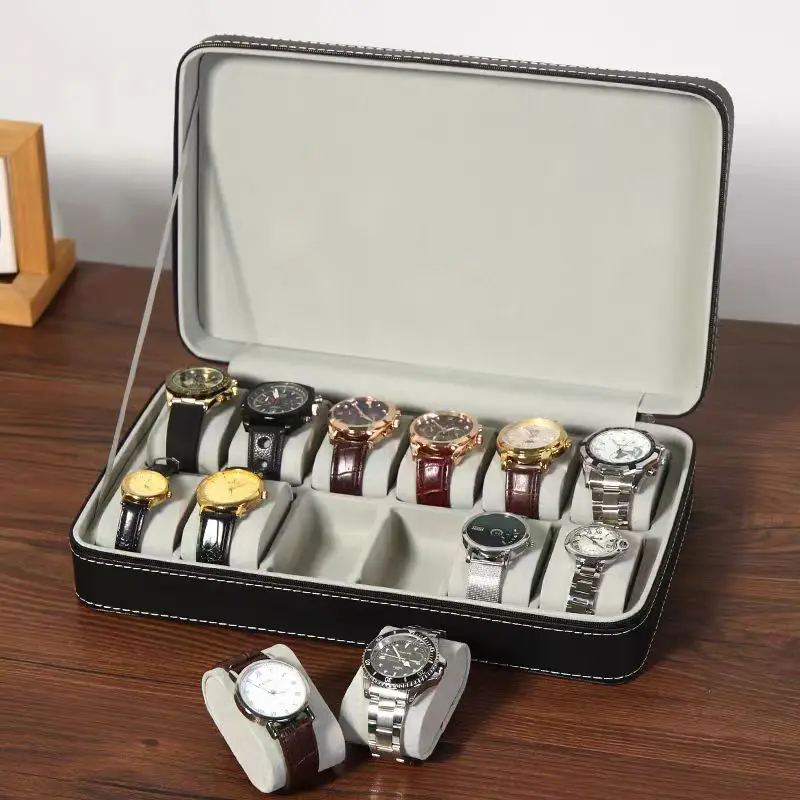 New 4/6/8/10/12 Slots Portable Leather Watch Box Your Watch Good Organizer Jewelry Storage Box Zipper Easy Carry Men Watch Roxes