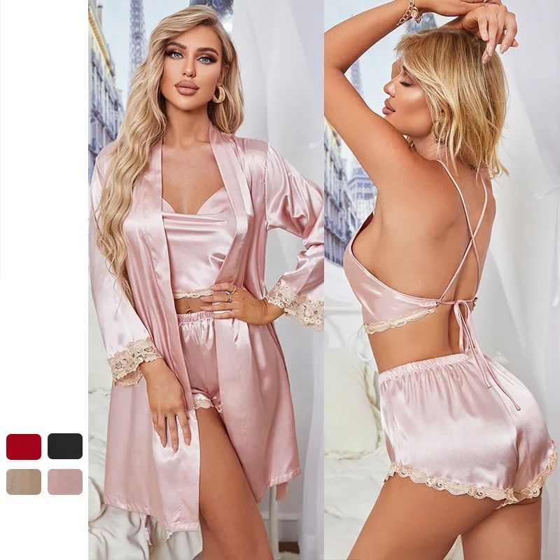 

New Summer Silk Satin 3 Piece Sleepwear Female Lace Sexy Pajamas Suit Strap Shorts Nightwear Lounge Robe Gown Loose Home Clothes