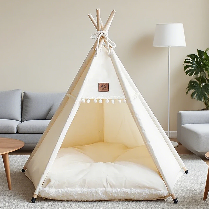 Portable Pet Teepee Tent Bed with Plush Cushion 1