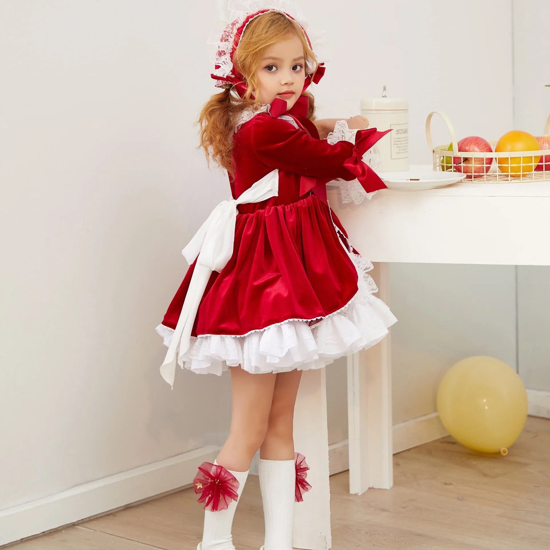 4pcs/set Red Velvet Autumn Winter Girl Vintage Spanish Dress Pompom Ball Princess Dress Lolita Christmas Party for Girl girls dress princess costume