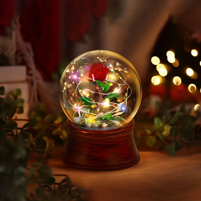 

Resin Snow Globe With Music Eternal Rose Flower Crystal Ball Battery Powered Luminescence Girlfriend Wife Valentine's Day Gift
