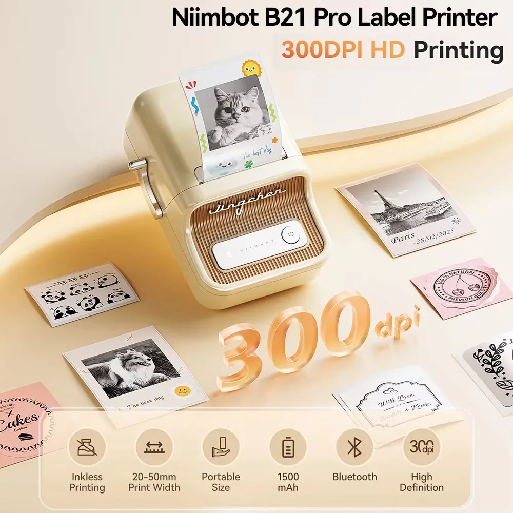 Niimbot B21 Pro 300DPI 휴대용 프린터 비즈니스 홈용 열전사 라벨 블루투스 스티커 메이커, 바코드 사진 메모 라벨 인쇄