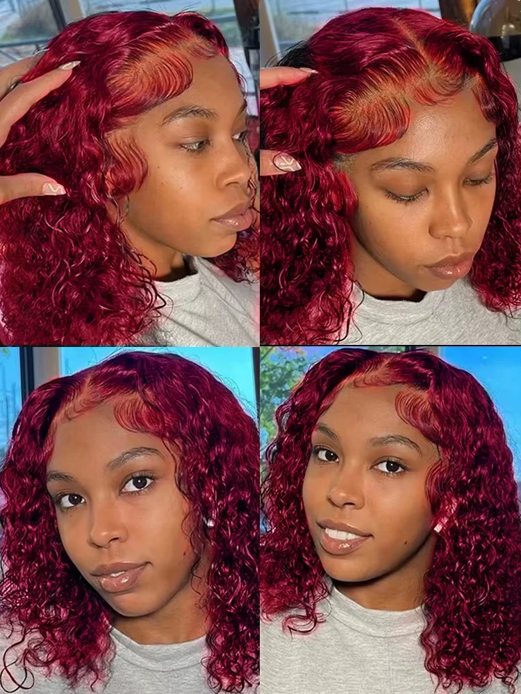 99J Burgundy Short Bob Glueless Hair Wig 13x4 Lace Front Wig Human Hair Red Colored Deep Wave Lace Frontal Wig For Women