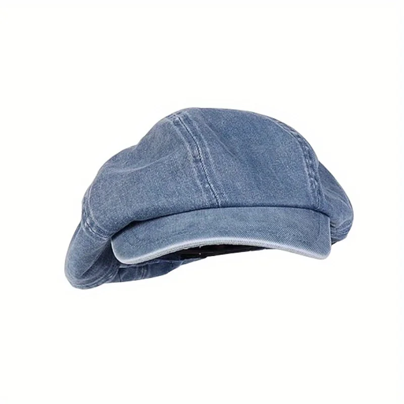 Big Head Circumference Octagonal Hat High Elasticity Elastic Retro Label Design Baret Washed Denim Trendy Versatile Artist Hat