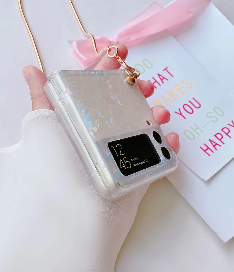 Crossbody Lanyard Necklace Gold Metal Chain Case for Samsung Galaxy Z Flip 3 5G Z Flip3 Zflip4 Marble Shell Shockproof Cover galaxy z flip3 5g case
