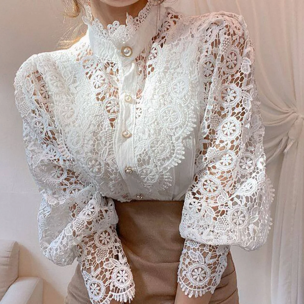 

2024 Autumn/Winter New Fashion Hollow out Shirt Lace Bottom Shirt Women's Ruffle Edge Half High Collar Shirt Wholesale for Women