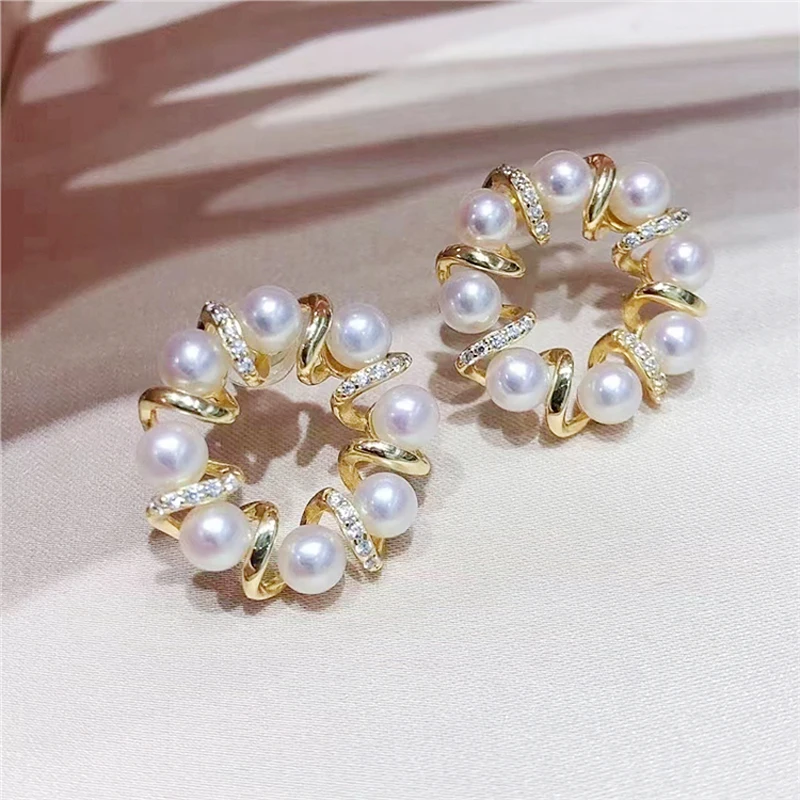 

MeiBaPJ 5-6mm Natural Round Pearl Fashion Flower Stud Earrings 925 Silver Fine Wedding Jewelry for Women