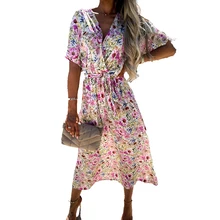 

European and American Style Summer Sweet BohemianVBow Tie Color Waist-Controlled Lace-up Mid-Length Short Sleeve Dress for Women