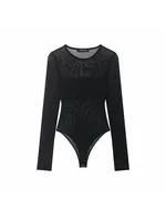 Women Sexy Mesh See Through Bodysuit Women Long Sleeve Sheer Bodysuits O Neck Bodycon Jumpsuit Female Romper - Image 2