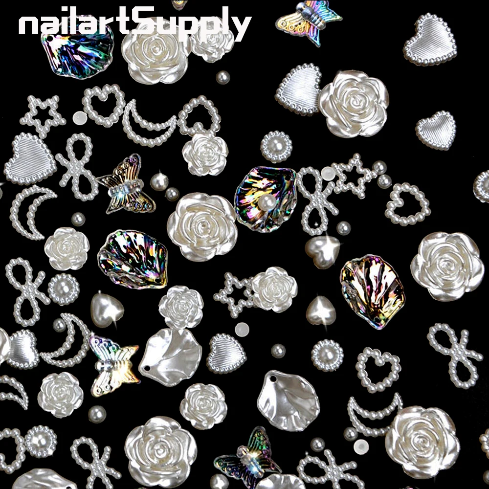

50g White Pearl Flower Butterfly Nail Charms 3D Aurora Clear Butterflies Nail Parts Mixed Pearlescent Strass Manicure Acessories