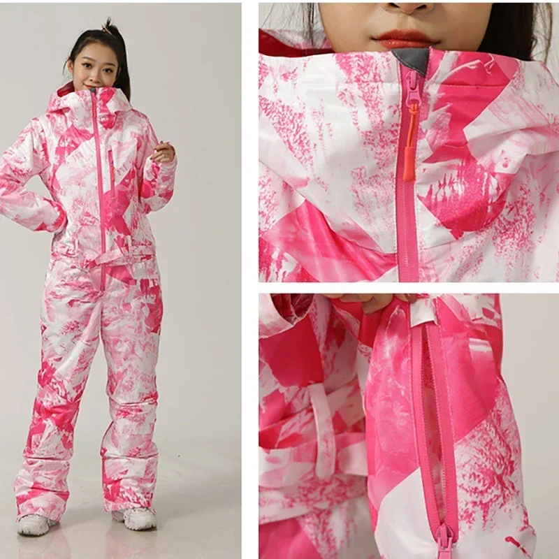Outdoor One-Piece Ski Suit for Women Overalls Hooded Waterproof Snowboarding Jumpsuit