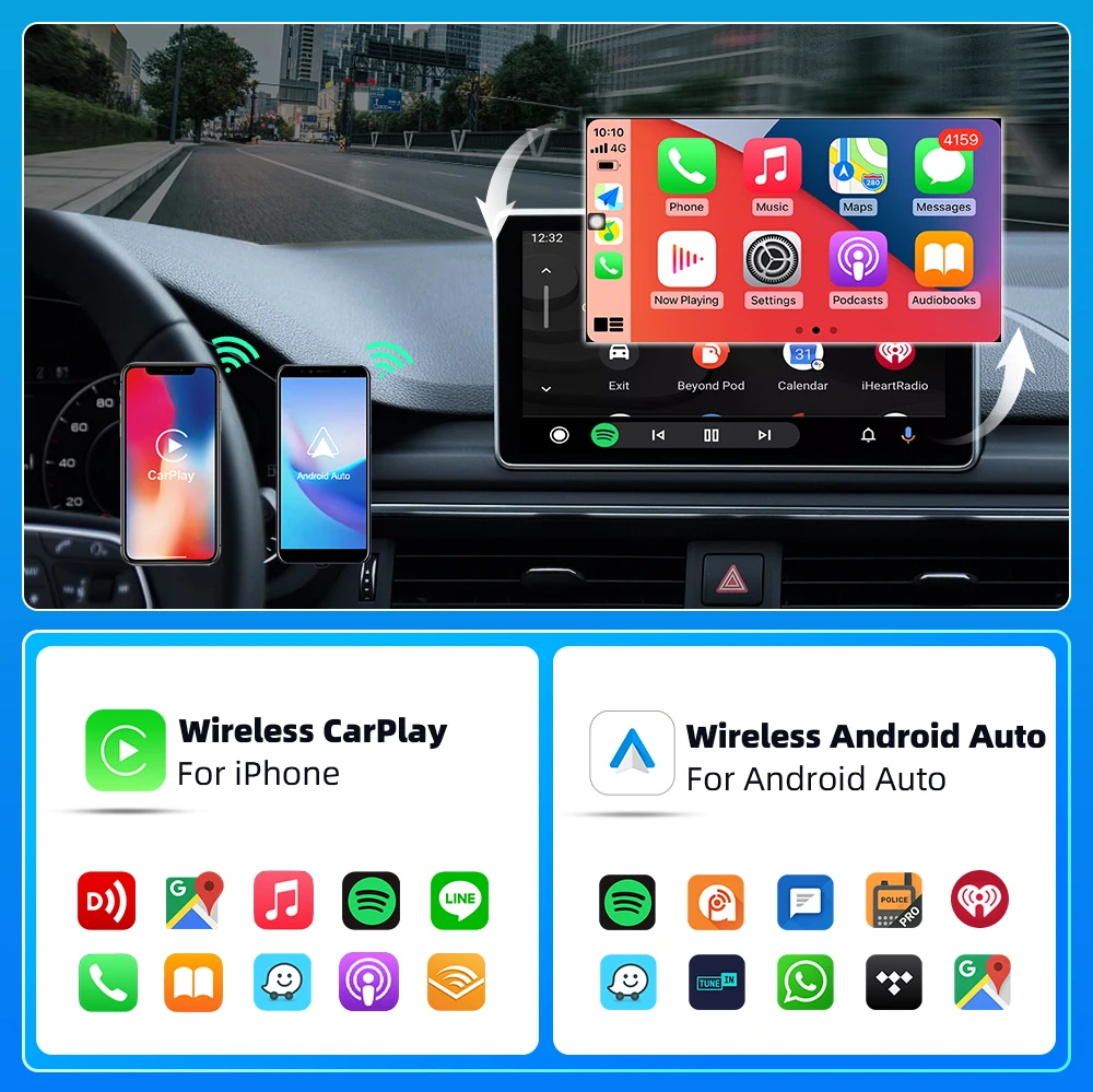 Carplay Android Auto Wireless Adapter for Toyota Mazda Nissan Camry Suzuki Subaru Citroen Audi Mercedes Kia Ford Opel Spotify BT