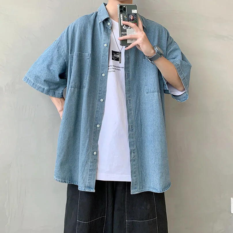Summer Denim Shirt Men Short Sleeve Cargo Shirt Coat Loose University Handsome Top Clothes Cowboy Oversize denim shirt
