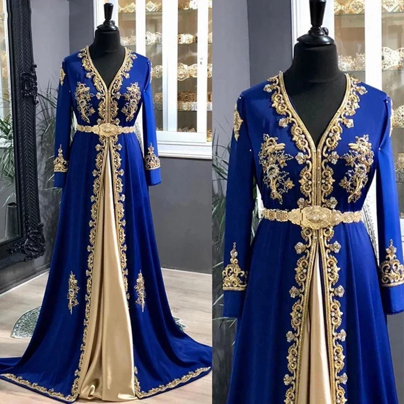 Royal Blue Moroccan Prom Dress V-neck Long Sleeves A-line Satin Gold Edge Decal Formal Evening Dresses For Women فساتين السهرة