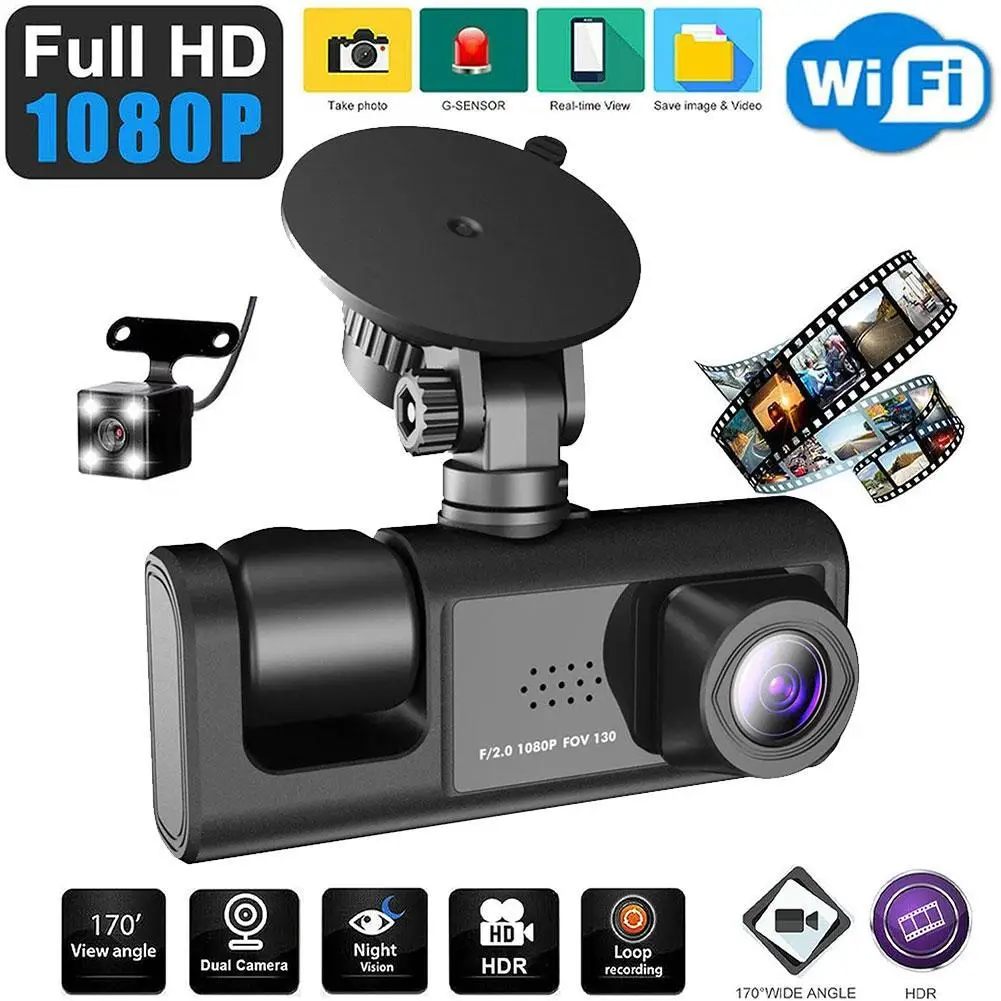 

3 Channel Car DVR HD 1080P 3-Lens Inside Vehicle Dash Cam Camera Black Box Parking Monitoring Video Night Vision Dashcam