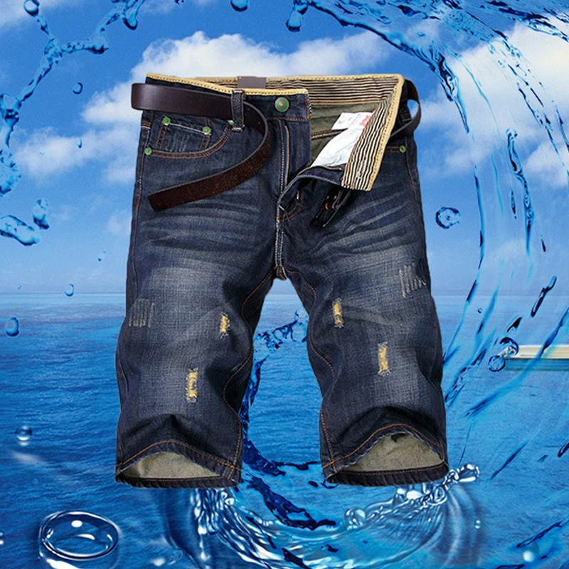 Summer Ripped Jeans Shorts Men Straight Denim Shorts Male Fashion Casual Work Denim Mens Clothing No Belt