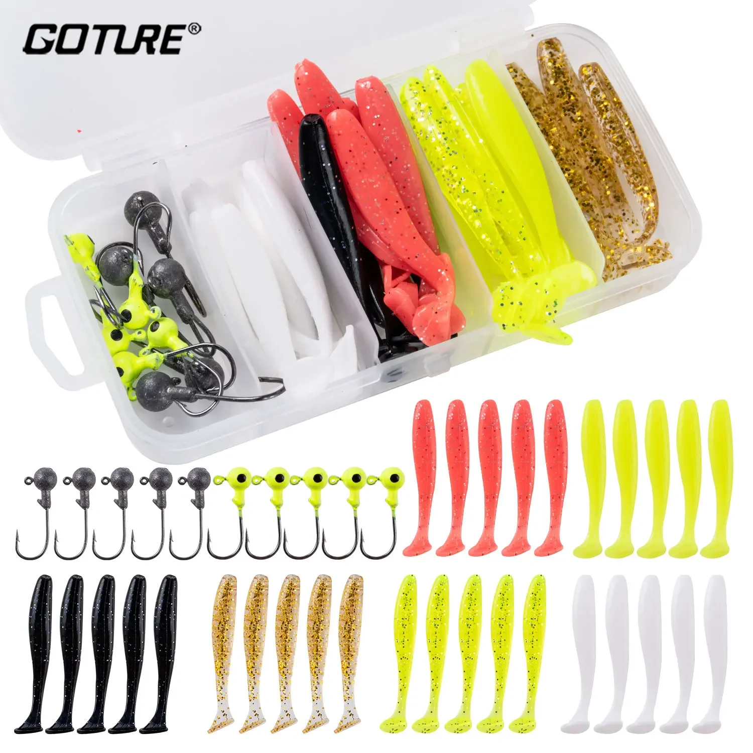40pcs/lot Soft Fishing Lure Kit 5cm 0.7g Jig Head Hook 3.2cm 3.5g Fishing Hooks with Tackle Box fishing lure