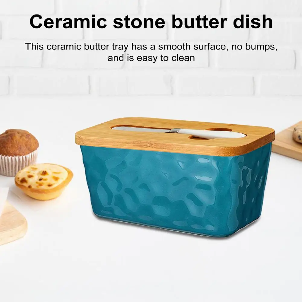 Ceramic Butter Dish Capacity Butter Pan Elegant Ceramics Dish with Wooden Lid Stainless Steel Cutter Capacity for Kitchen
