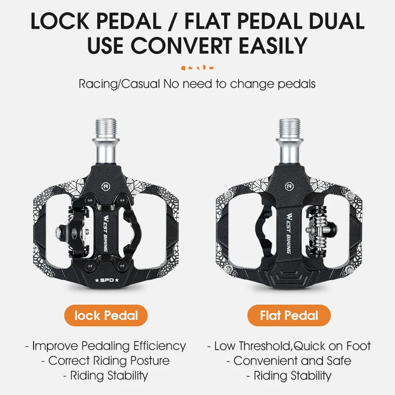 WEST BIKING 2 In 1 Bicycle Lock Pedal With Free Cleat For SPD System MTB Road Aluminum Anti-slip Sealed Bearing Lock Accessories