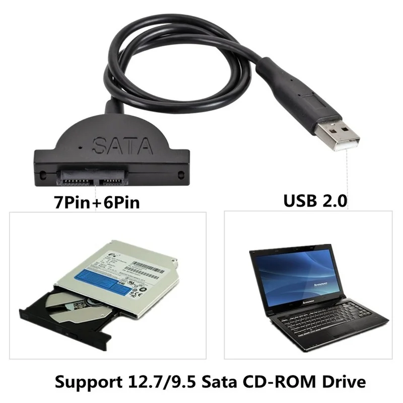 USB 2.0 to Mini Sata II 7+6 13Pin Adapter for Laptop CD/DVD ROM Slimline Drive Converter Cable Screws steady style USB 2.0 SATA