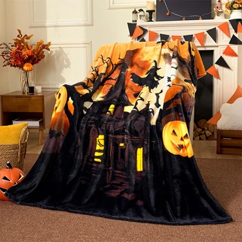 Couverture polaire effrayante d'Halloween : couverture en flanelle design sorcière, citrouilles et maison hantée, douce et confortable, cadeau 1