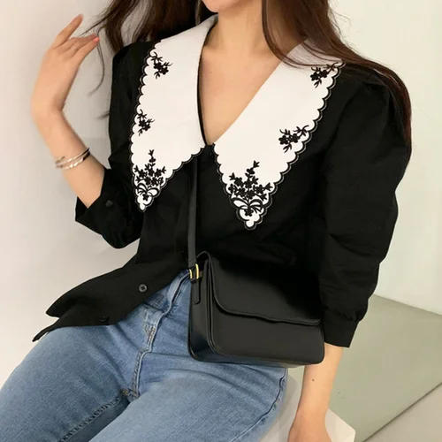 우아한 흰색 꽃 자수 여성 셔츠, 빈티지 블라우스, 한국 시크 퍼프 슬리브, 블라우스 의류, 상의 14223, 2023 3