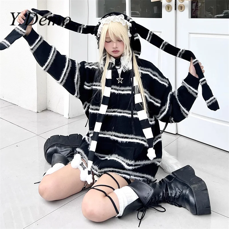 

Y Demo Harajuku Y2k Rabbit Ear Cute Soft Stripe Knitted Sweater Women Long Zipper Hooded Jacket