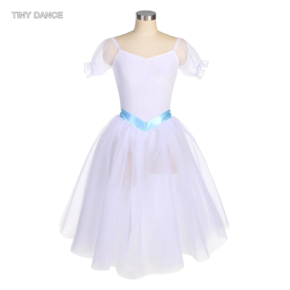 

Puff Sleeves Long Ballet Dance Tutus White Velvet Bodice with Blue Ribbon Trim in the Waist Attached Romantic Tutu Skirt 20517