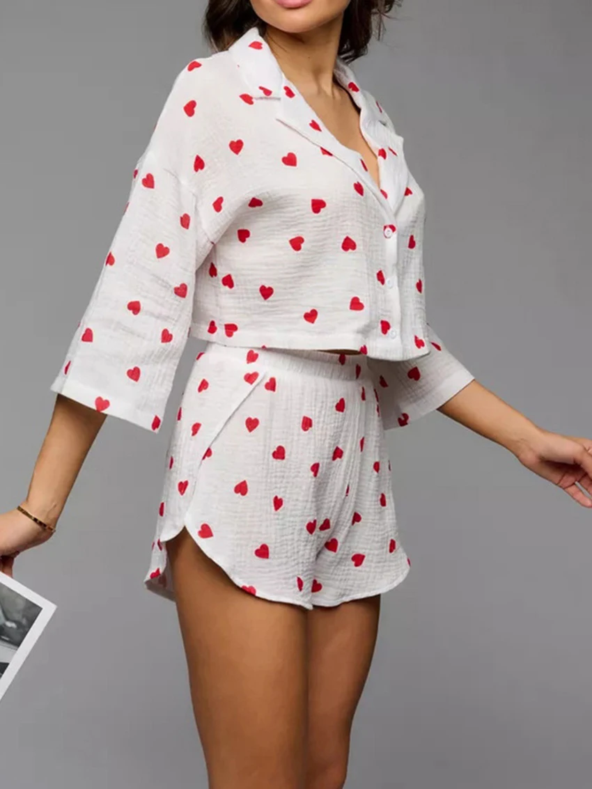 Marthaqiqi Love Printing Women Nightie Set Sexy Turn-Down Collar Sleepwear Three Quarter Sleeve Shorts Casual Femme Home Clothes