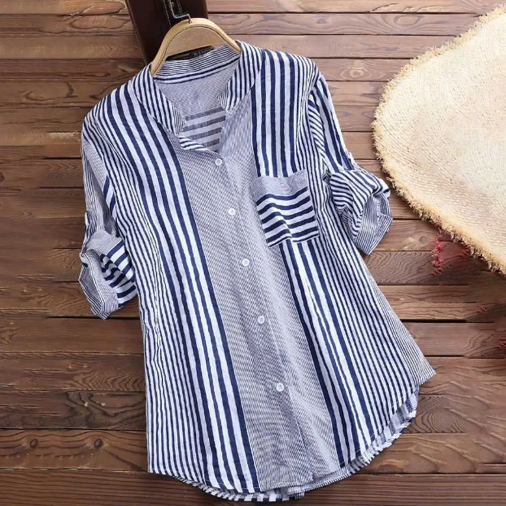 

Women Fall Shirt Contrast Color Striped Print Long Sleeve Top Turn-down Collar Loose Casual Lady Blouse Clothes Camisa Solapa