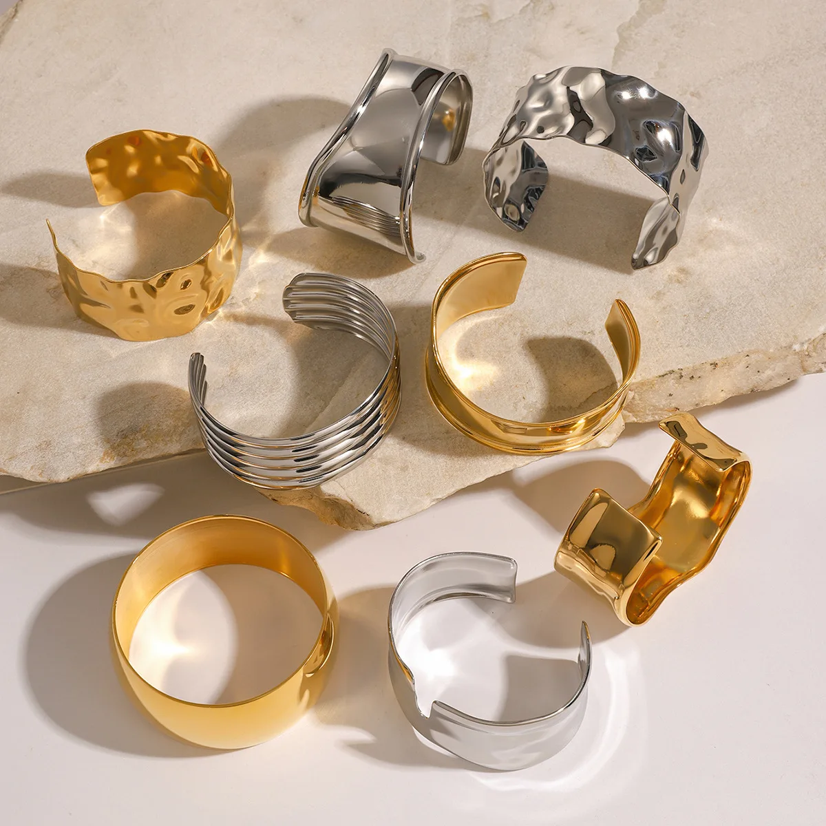 316 Stainless Steel Waterproof Geometric Irregular Open Bangle Cuff Gold Color Lava Textured Wide Bracelet Punk Vintage Jewelry