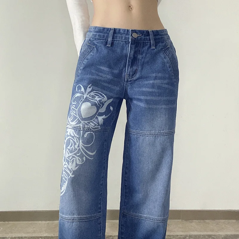 Vintage Print Y2K Low Waist Denim Jeans  Trousers Women Retro Straight Sweatpants Harajuku Outfits Mom Jeans High Waist 2021 wide leg jeans