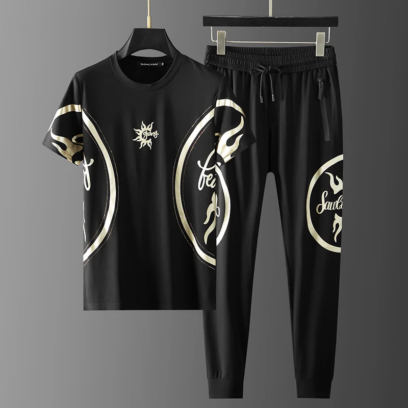 

Luxury brand High end casual sports suit men's summer thin ice silk breathable gilding light luxury fashion short sleeve T-shirt