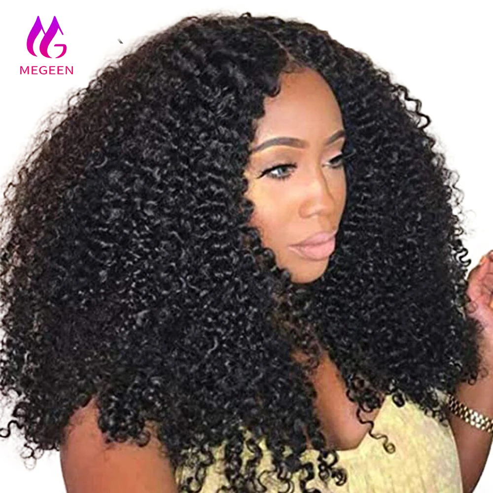 

Megeen 13x6 Afro Kinky Curly Wig Mongolian 13x4 HD Transparent Lace Frontal Human Hair Wigs 180% Density Natural 1B Pre Plucked