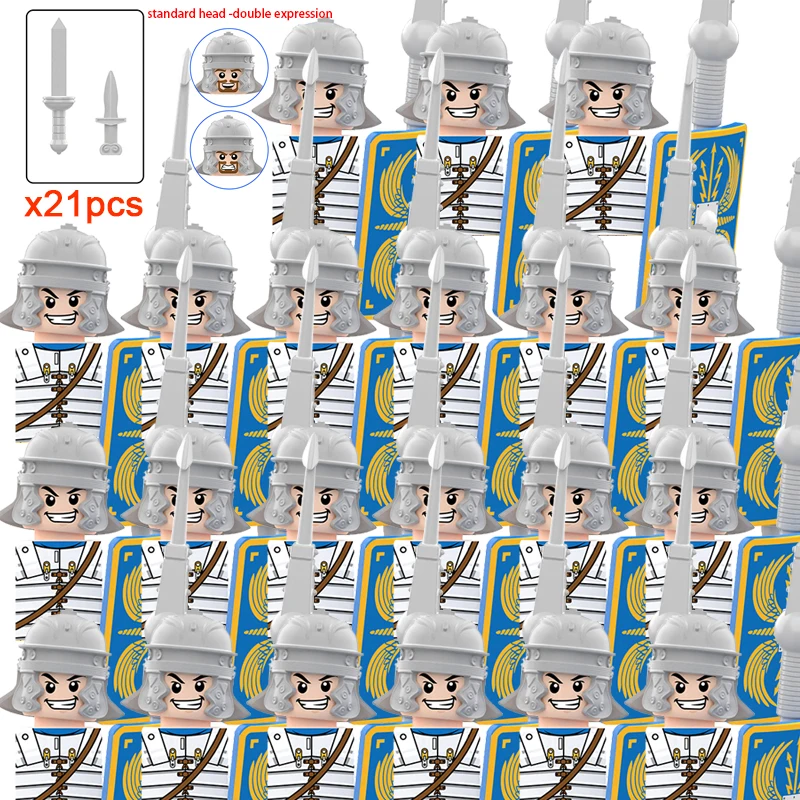 

Medieval Military Rome Castle Figures Set Roman Soldiers Infantry Head Movable Trumper Weapons Shield Building Blocks Bricks Toy