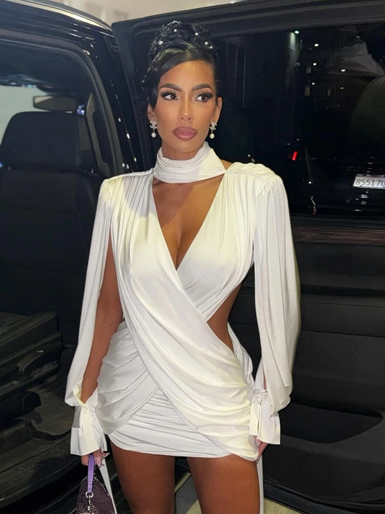 Nibber Waistless Dress Women Cross High Neck Bandage Tassel Slit Long Sleeve Backless Folds Sexy Midnight Party Mini Bodycon