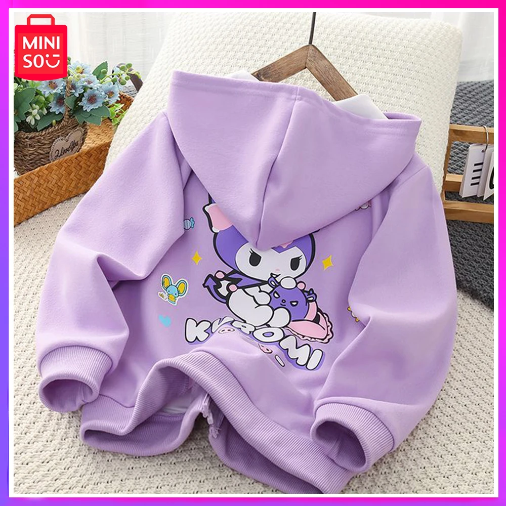

Miniso Sanrio Kuromi New Autumn Winter Childrens Sweet Cute with Fleece Thick Hooded Cardigan Coat Purple Christmas Girl Gift