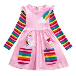 Girls' Embroidered Unicorn Dress with Rainbow Sleeves and Pockets - 6-7Y (81035 pink)