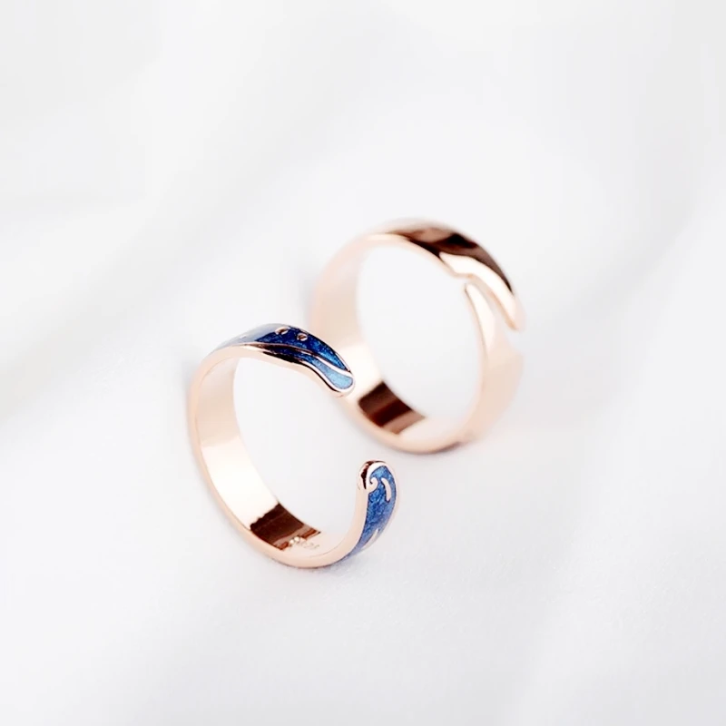 WYEAIIR 925 Sterling Silver Van Gogh Starry Sky Resizable Opening Couple Rings Blue Drop Glaze Sweet Romantic For Women Jewelry 6
